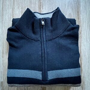 Banana Republic Men's Blue and Gray Striped Quarter Zip-Up Sweater